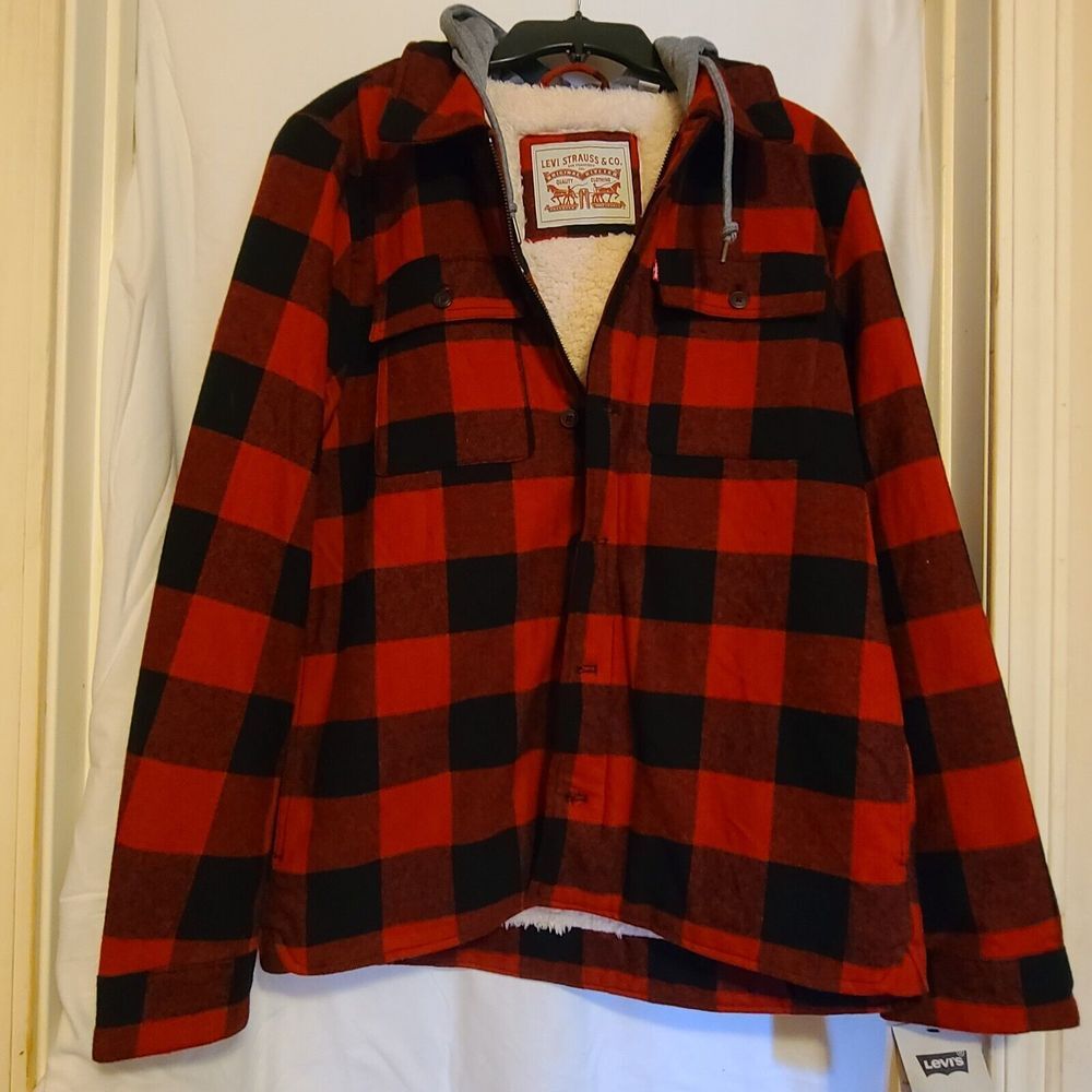 Levi's Mens Plaid Sherpa Lined‎ Hooded Shirt Jacket Small Red Buffalo